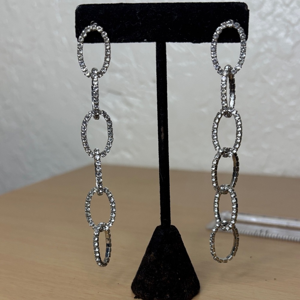 Rhinestone Link Drop Earrings - Silver Crystal